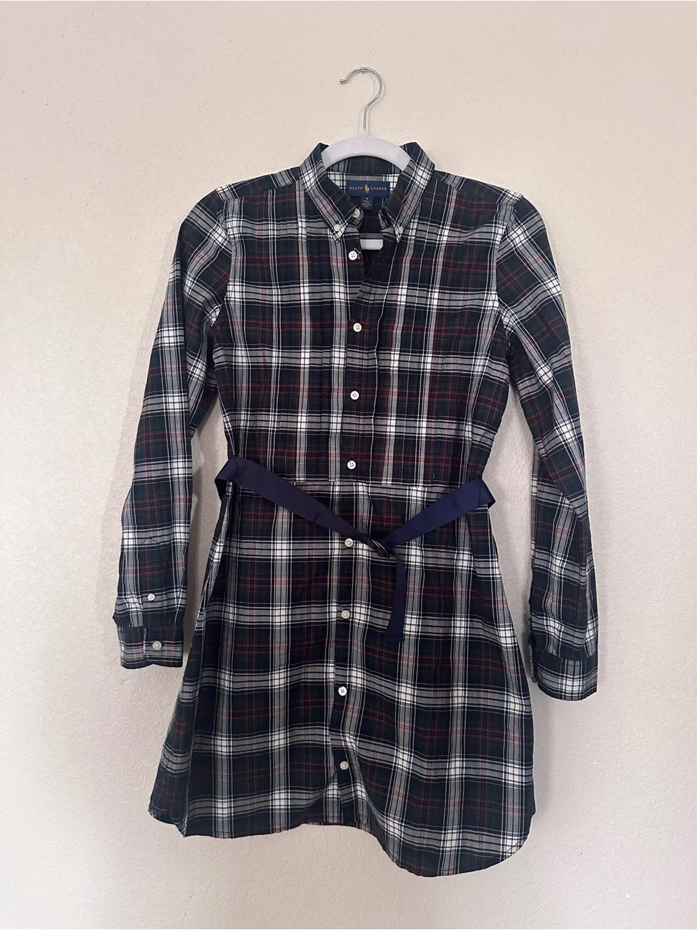 Ralph Lauren Girls Plaid Shirt Dress Long Sleeve Belted Navy/Green/Red Size 16